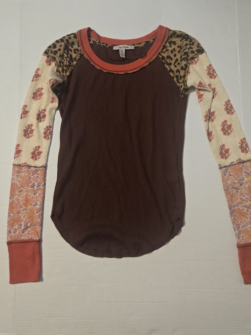 Free People Brown Ribbed Top with Orange Trim